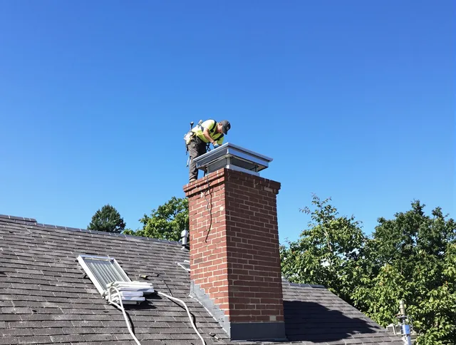 Palm Harbor Chimney Sweep technician measuring a chimney cap in Palm Harbor, FL