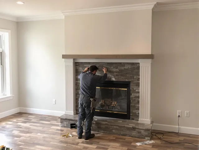 Palm Harbor Chimney Sweep finishing a custom fireplace install in Palm Harbor, FL